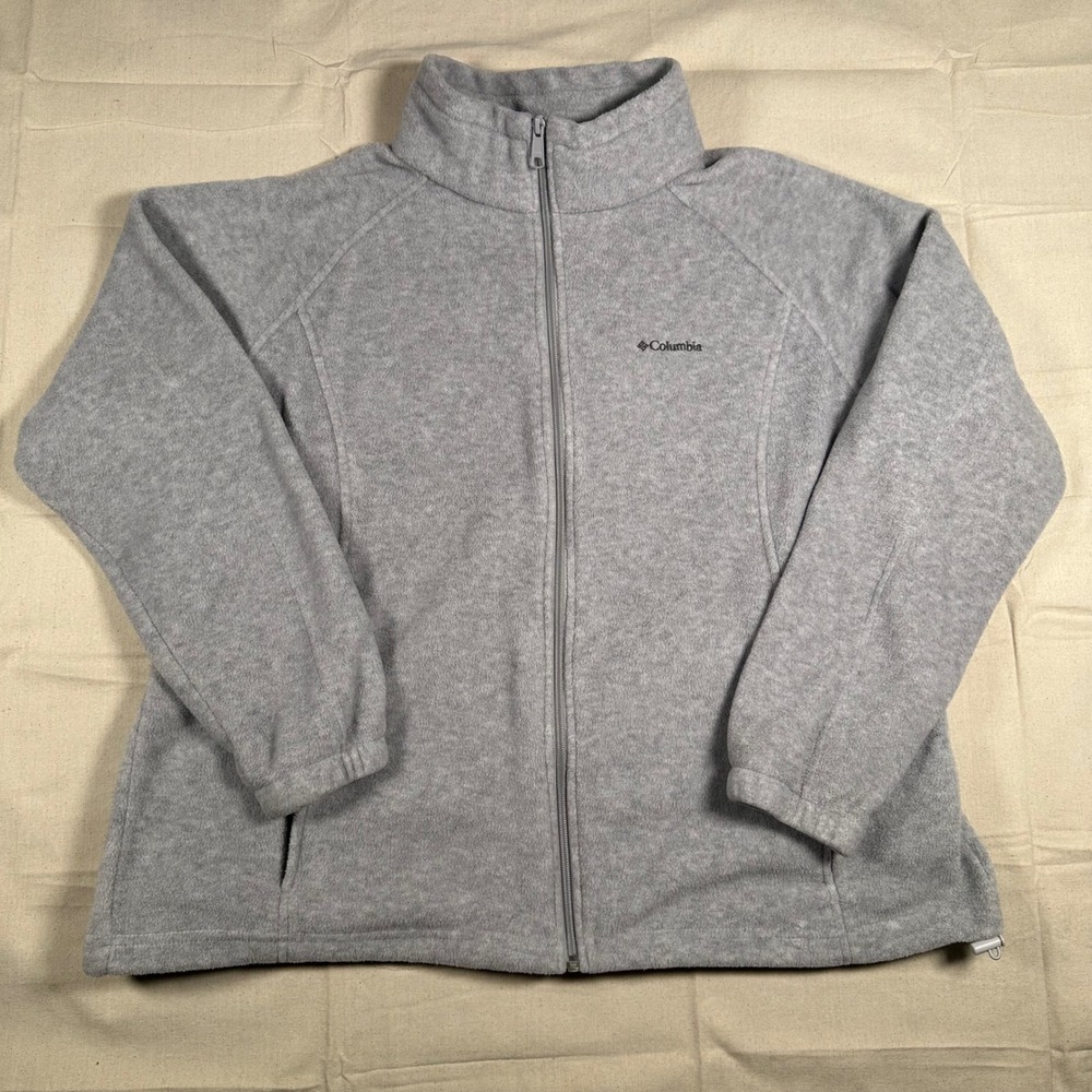 Columbia Womens 2X Gray Fleece Full Zip Jacket Mock Neck Heathered Soft Layer